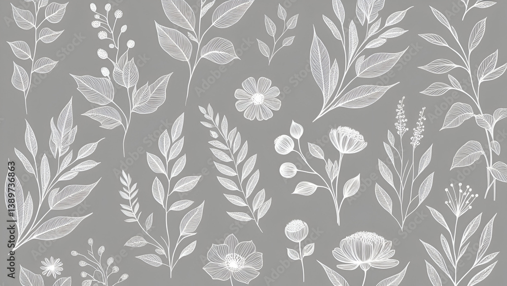 Poster natural botanical line art design with graceful white outlines on a muted gray background. use for a