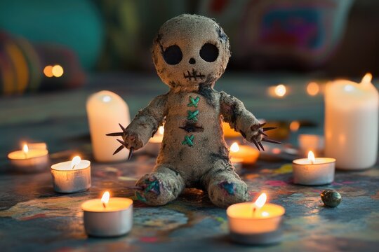 A voodoo doll pierced with rusted nails, surrounded by ritual candles