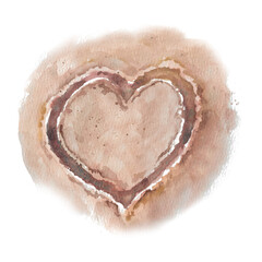 Heart drawn on sand beach hand painted watercolor illustration isolated on white background