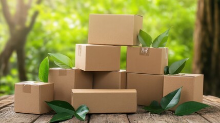 Brown cardboard boxes are neatly stacked on a rustic wooden surface, with fresh green leaves placed around them, creating a serene, eco-friendly atmosphere