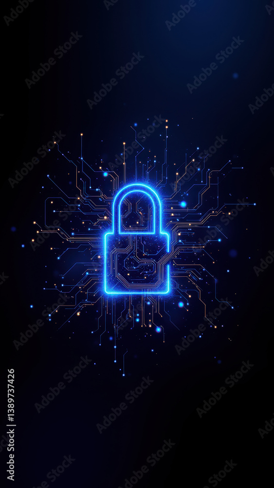 Poster blue digital lock symbol with glowing circuits in a dark background, representing cyber security.