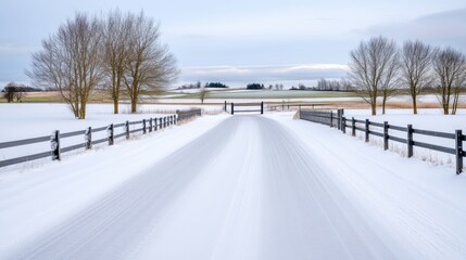 A snow-covered rural road flanked by wooden fences and bare trees, serene winter landscape on a clear day, and peaceful countryside setting.