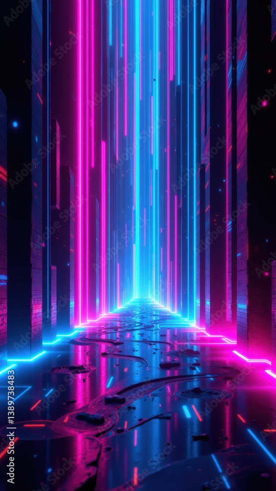 Poster futuristic tunnel with cybernetic elements and neon lights representing a journey through digital sp