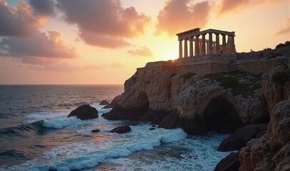 Ancient Greek temple on a rocky sea cliff at sunset, dramatic coastal landscape, waves crashing against rocks, historic architecture, travel destination, Mediterranean atmosphere, golden light.