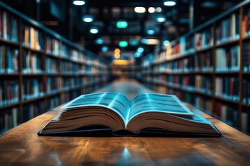 Open book on a table in a library