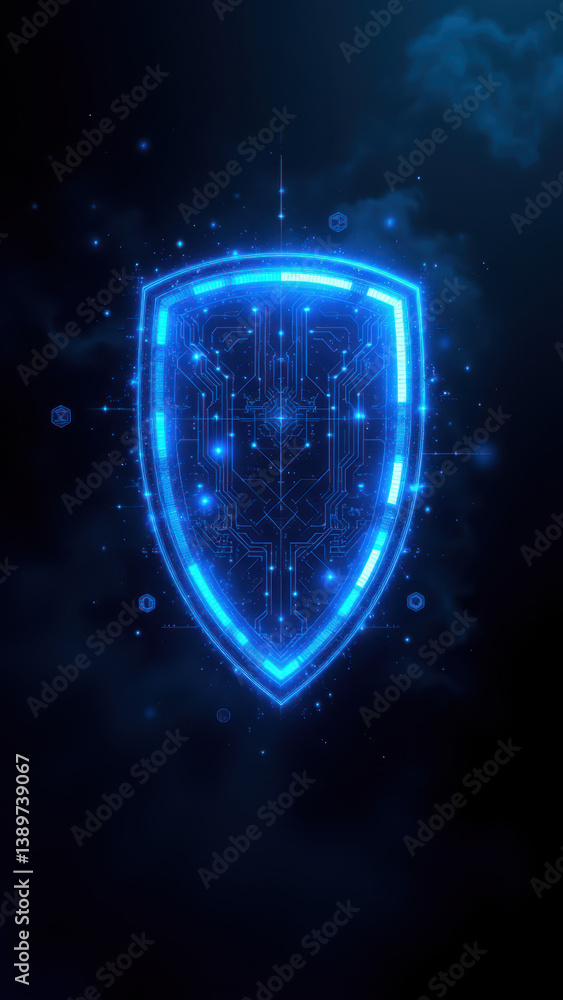 Aufkleber cybersecurity shield with digital design elements on a dark background.