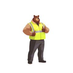 Fototapeta premium A cartoon bear character wearing a yellow safety vest and showing a thumbs up gesture. The bear stands confidently against a white isolated background.