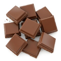 A top down view of several square pieces of milk chocolate piled on a white surface in a heap