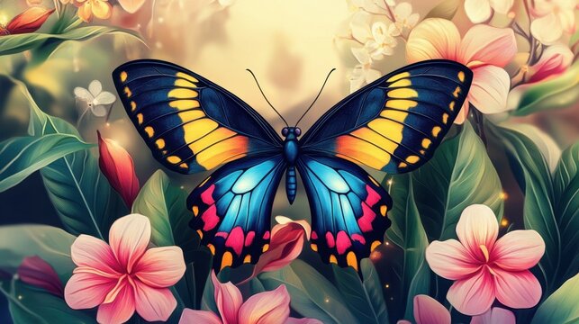 Illustration of open colorful exotic batterfly over flowers