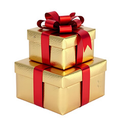 Naklejka premium Two gold gift boxes stacked with red ribbons and bows on a transparent background for celebrations