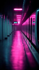 A subway station platform displays striking neon pink lights reflecting on the wet floor. The space is dimly lit, with an empty train waiting silently on the tracks, giving a sense of tranquility