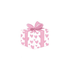 Obraz premium A charming pink gift box adorned with heart patterns and a delicate ribbon, perfect for celebrations and special occasions.