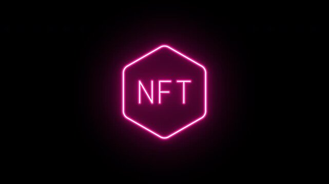 Neon NFT token icon, flickering emergence and fading. Glowing neon NFT icon, looped animation. NFT technology, digital token, virtual artwork marketplace, crypto coin. Red pink magenta colors