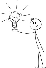 Person showing or presenting idea or creativity , vector cartoon stick figure or character illustration.