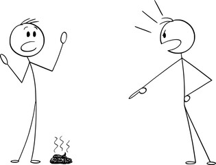 Blaming who made the excrement on the ground, vector cartoon stick figure or character illustration.