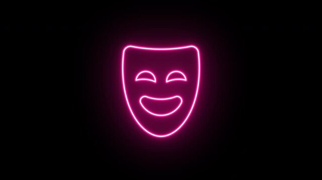 Neon comedy mask icon, flickering emergence and fading. Glowing neon theater mask icon, looped animation. Theatrical humor, laughter, comedian performance, comic show. Red pink magenta colors
