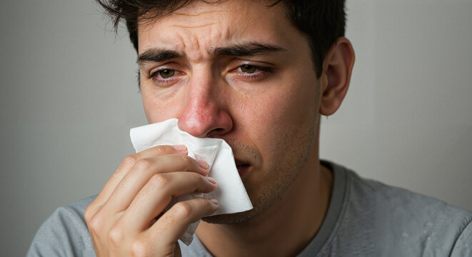 Man with dark hair blowing nose due to nose congestion
