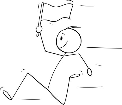 Happy person running with flag in hand , vector cartoon stick figure or character illustration.