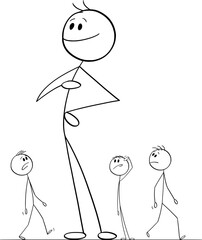 Big person or giant standing between average people , vector cartoon stick figure or character illustration.
