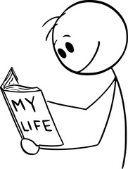 Person reading in book of his life, vector cartoon stick figure or character illustration.