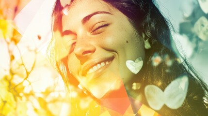 Fototapeta premium A joyful young woman smiles while basking in the warm sunlight at a park. Colorful light reflections dance around her, creating a vibrant atmosphere of happiness and peace