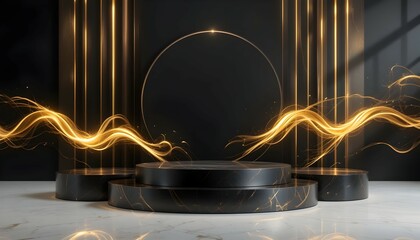Elegant Marble Product Display Platform with Abstract Golden Light Effects