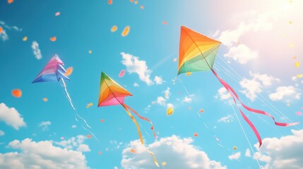 Kites soaring, sunny sky, petals