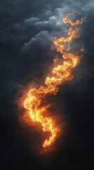 Vivid orange flames weave through a dark, cloud-filled sky, creating a striking contrast. The dynamic movement of fire draws attention, enhancing the dramatic ambiance of the scene