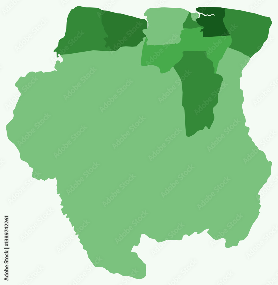 Poster map of suriname with regions. just a simple country border map with region division. green color pal