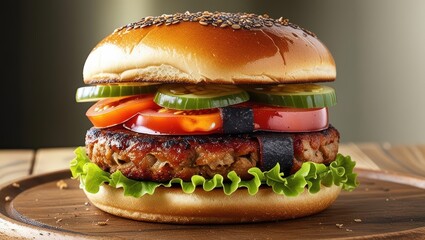 Delicious Vegan Burger Featuring a Plant-Based Patty, Fresh Vegetables, and a Toasted Bun, Served on a Rustic Plate, Showcasing a Healthy and Flavorful Meatless Meal Option.