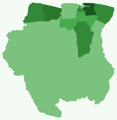 Map of Suriname with regions. Just a simple country border map with region division. Green color palette. Blank Suriname shape with administrative division. Vector illustration.
