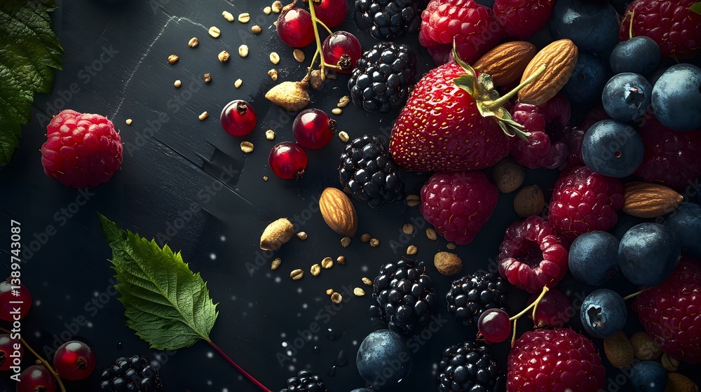 Poster artistic layout of natural ingredients featuring a variety of berries and nuts displayed on a rustic
