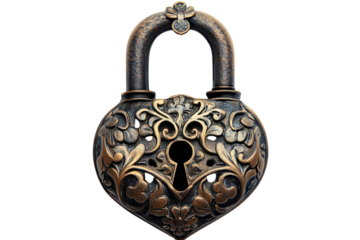 Ornate heart shaped padlock antique bronze finish intricate floral design symbolic of love and