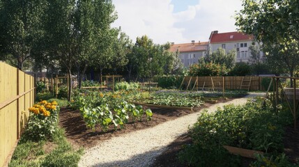 Fototapeta premium Community garden blooms with vibrant vegetables and flowers in urban setting during sunny afternoon hours