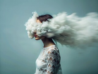 Woman with her head in a cloud. Brain fog, menopause memory loss, anxiety concept. generative ai
