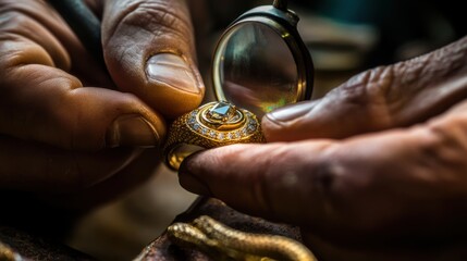 Artisanal jeweler examines intricate gold ring with loupe in workshop