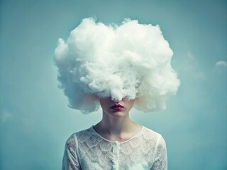 Woman with her head in a cloud. Brain fog, menopause memory loss, anxiety concept. generative ai