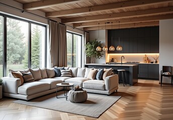 Fototapeta premium luxury cozy apartment interior living room with skandinavian elements and kitchen with parquet floor and ceiling with beams of coniferous wood and big windows