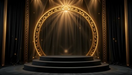Elegant Stage with Golden Circle and Dark Curtains Presentation Backdrop