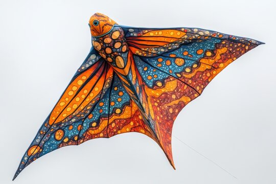 Vibrant orange blue fish kite soaring detailed design artistic bright colors against a white sky