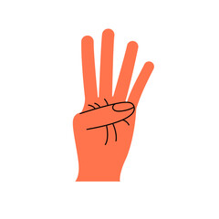 Hand gesture. Number four. Color trendy vector illustration. Index, middle, ring, little fingers and thumb