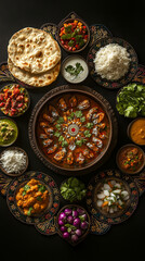 Traditional delicious Indian cuisine with colourful dishes and black backdrop, vibrant Indian feast with bread, rice bowl, and chicken curry.