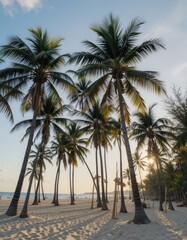 Obraz premium A serene beach scene featuring tall, swaying palm trees silhouetted against a vibrant sunset. The sky is painted in hues of orange, pink, and purple, reflecting on gentle waves.