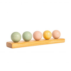 A colorful arrangement of five decorative spheres on a wooden base, perfect for home decor or artistic displays, featuring pastel shades of pink, green, and yellow.