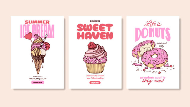 Pink Summer Desserts Typography T-shirt Design Templates, Ice Cream Sketch, Pink Donuts and Muffin or Cupcake Retro Hand Drawn Posters for Cafe