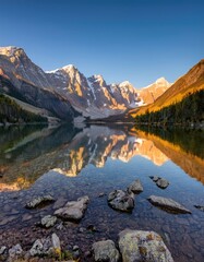 Serene mountain range reflected in crystal clear lake, showcasing nature beauty 