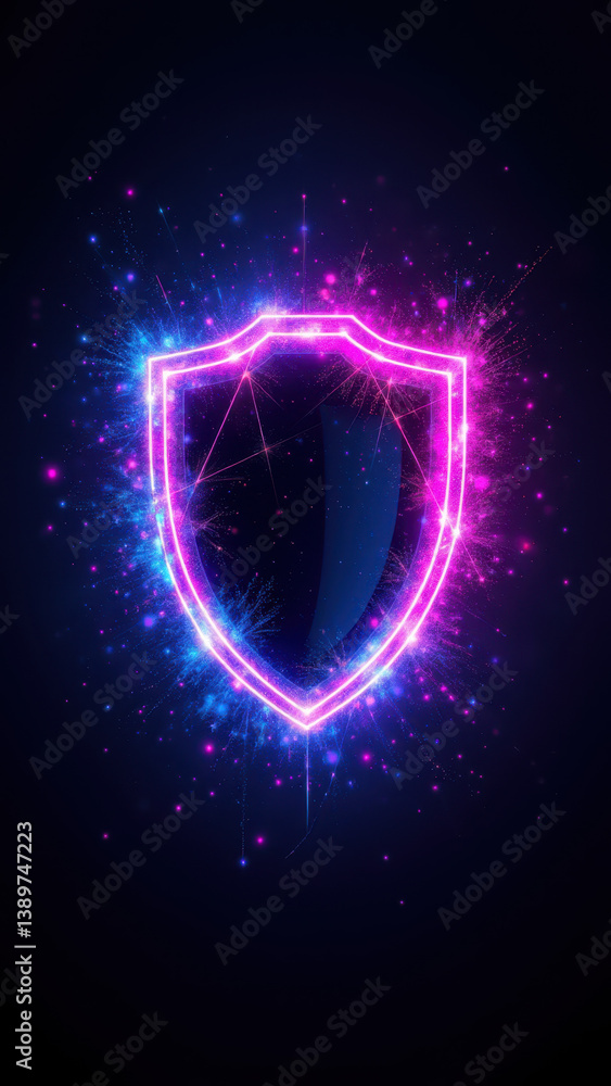 Poster a glowing blue shield with cybernetic elements, representing cybersecurity and data protection.