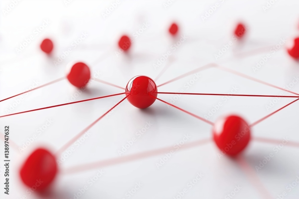 Poster close-up of abstract red network structure with spherical nodes and connecting lines on white backgr