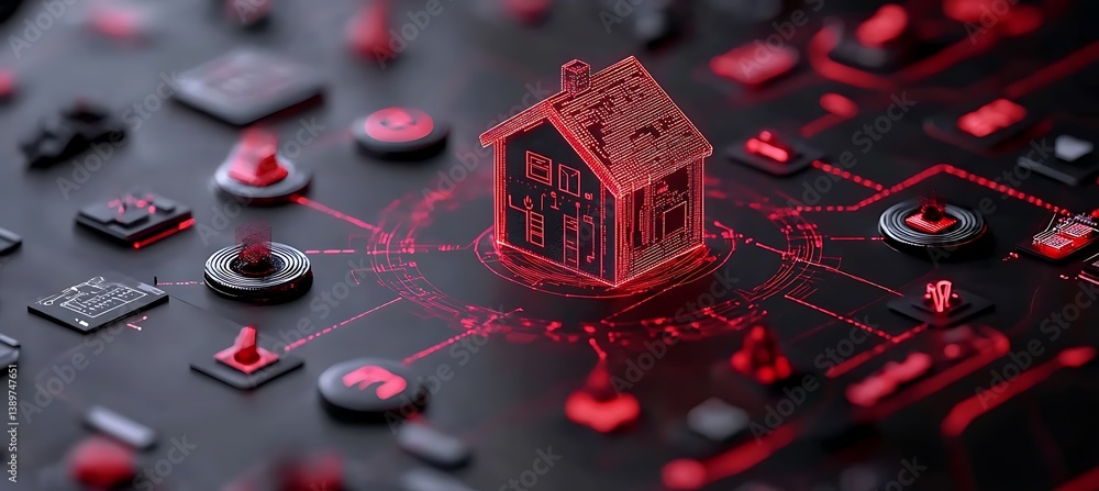 Poster a futuristic digital house design interconnected with a circuit network
