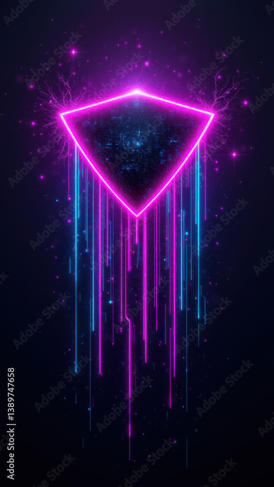 Poster cybersecurity concept with a diamond shaped shield emblem and colorful digital elements bursting fro